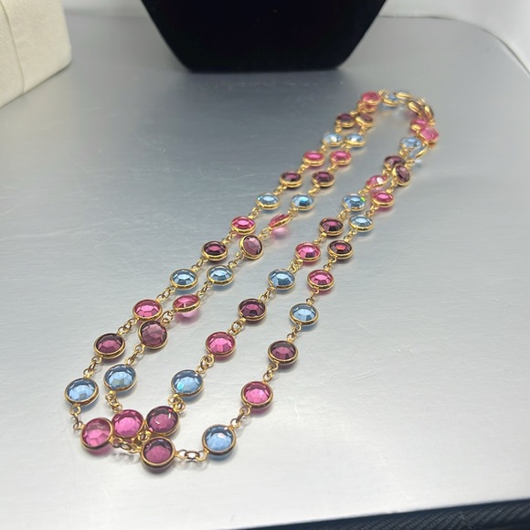 Swarovski Bezel Set Crystal Necklace Gold Tone Multi Color 17” w swan Hang Tag - Picture 4 of 6